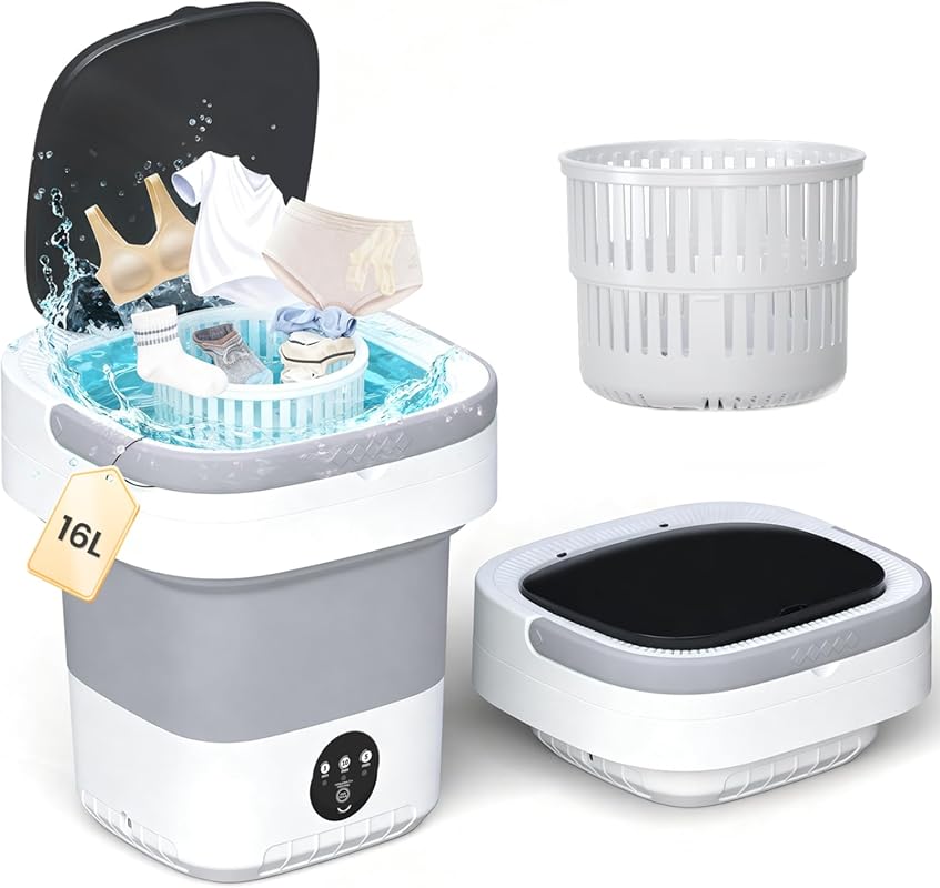 16L Portable Mini Foldable Washing Machine with Spin Basket, 3 Modes f