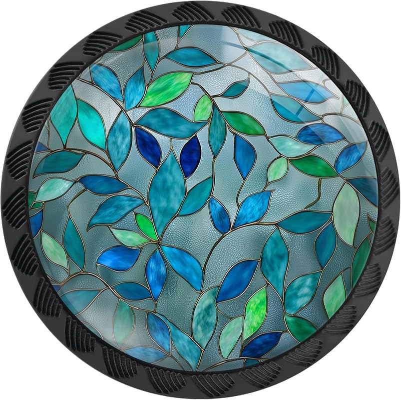 4 Pack Stained Glass Turquoise Blue Leaves Round Cabinet Knobs, Drawer