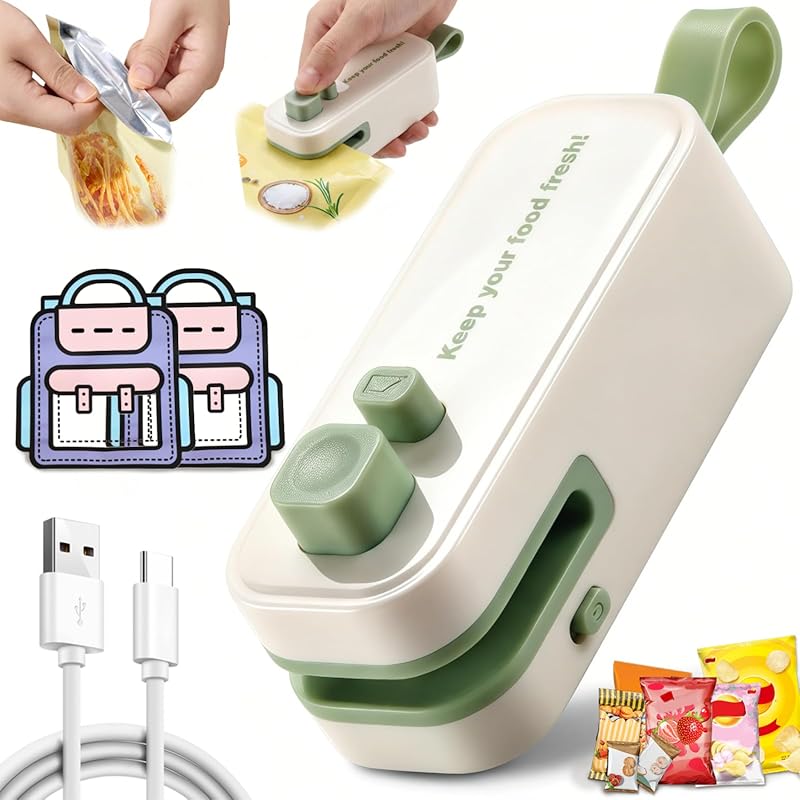 Upgraded 3-in-1 Rechargeable Mini Bag Sealer with Cutter, Magnet, Port