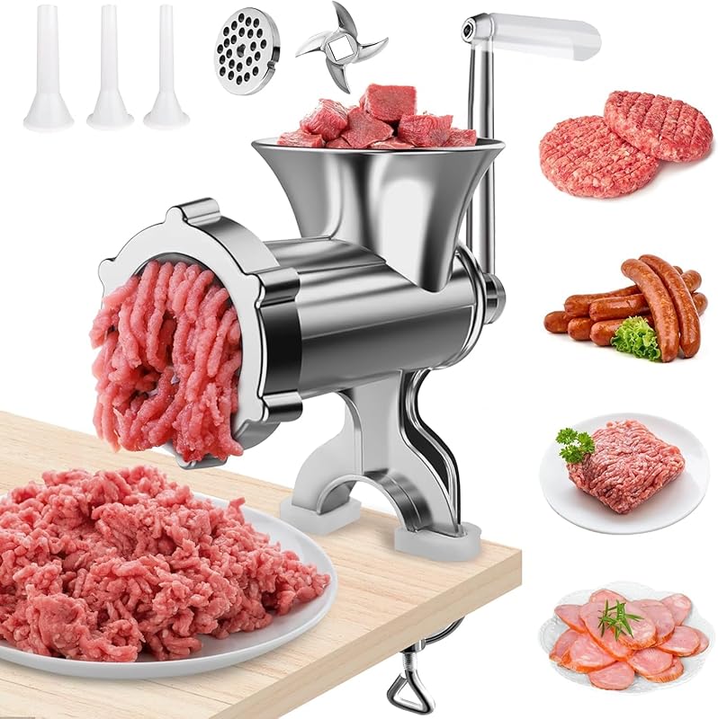 2-in-1 Manual Meat Grinder & Mincer, Hand Operated Sausage Maker & Bur