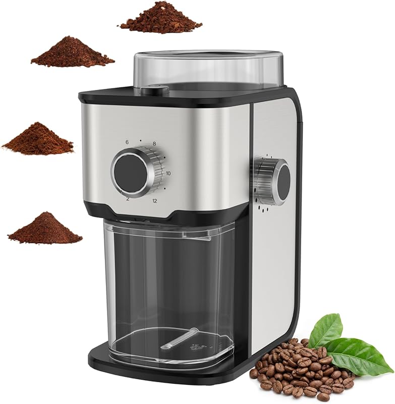 Electric Flat Burr Coffee Grinder, Adjustable with 14 Grind Sizes, Com