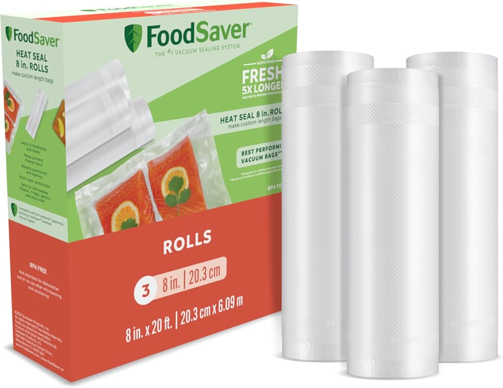 FoodSaver Custom Fit Vacuum Sealer Bags, 8"x20' 3-Pack, Airtight for M