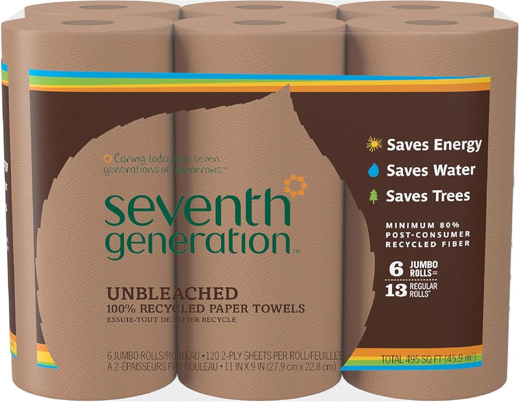 Seventh Generation Unbleached 100% Recycled Paper Towels, 6 Rolls (24