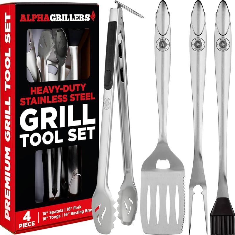 Alpha Grillers BBQ Grill Tools Set: Spatula, Fork, Brush & Tongs for O