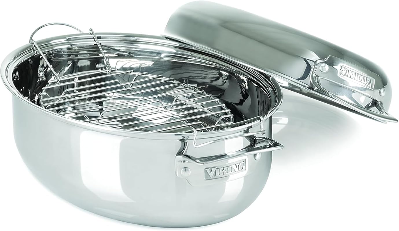 Viking 3-Ply 8.5 Quart Stainless Steel Oval Roasting Pan with Lid and