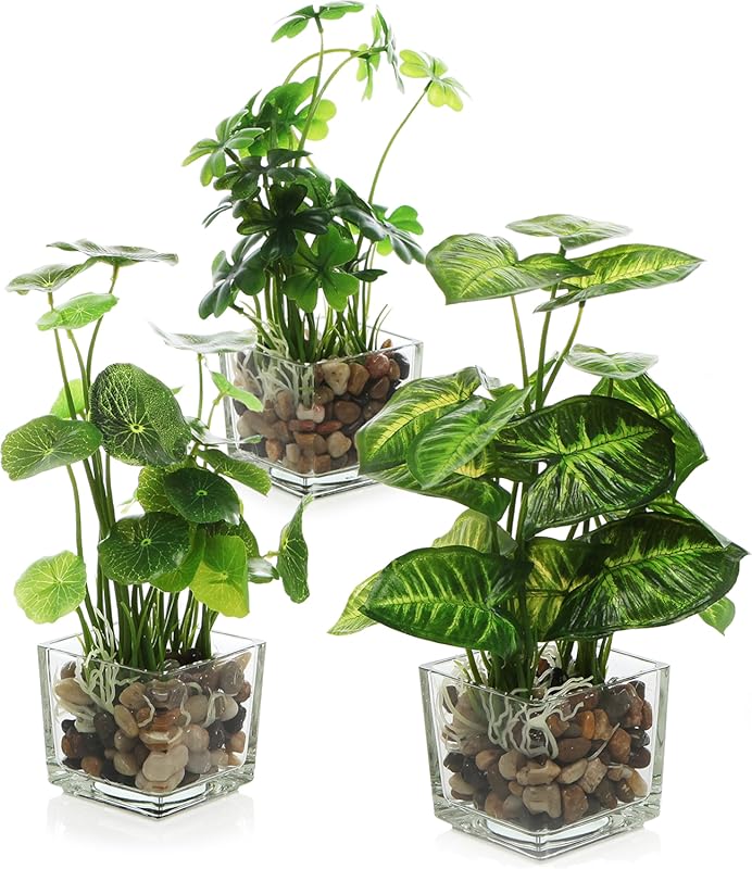 MyGift Set of 3 Small 9.5" Artificial Potted Plants, Faux Greenery in 
