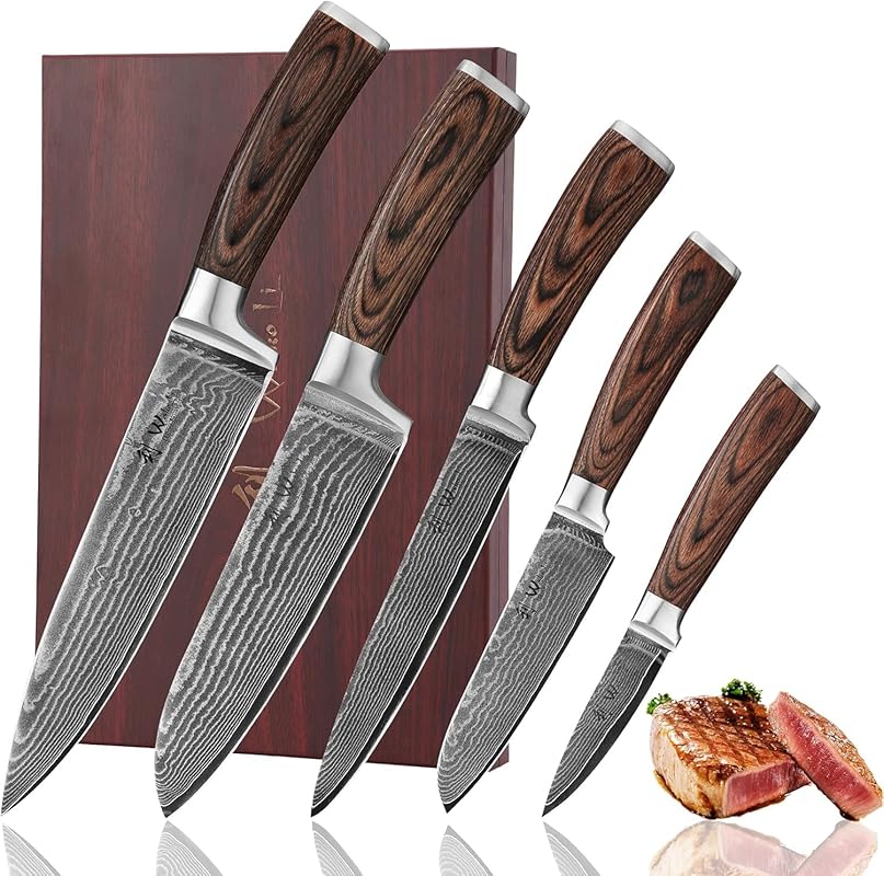 Wakoli EDIB 5-Piece Damascus Knife Set, 67-Layer VG10 Steel, Pakkawood