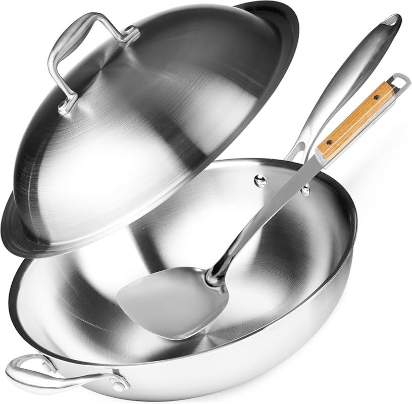 Willow & Everett Stainless Steel Flat Bottom Wok Pan with Lid & Spatul