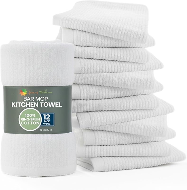 Premium Bar Mop Kitchen Towels - 12 Pack 16x19 Ring-Spun Cotton White 