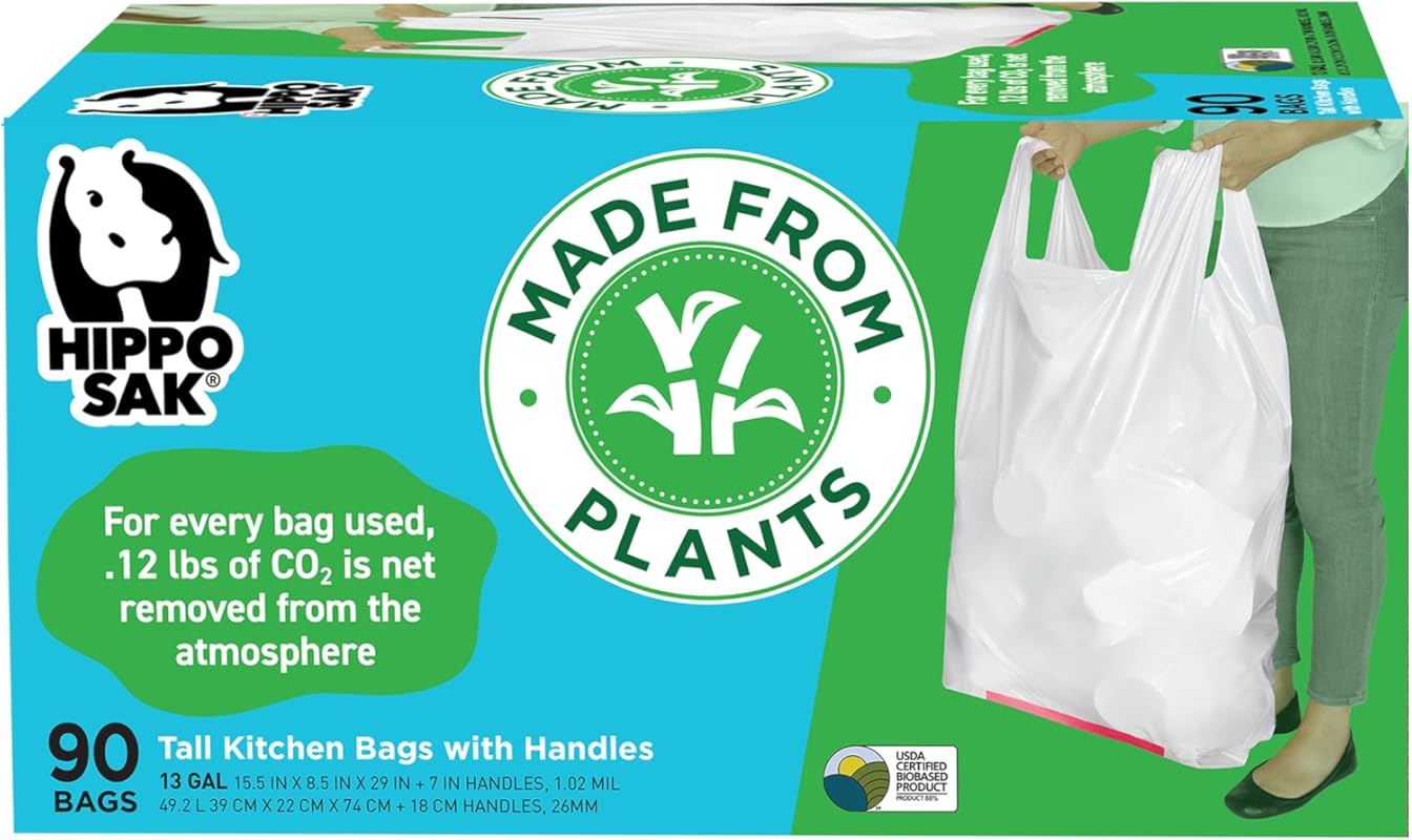 Hippo Sak 13 Gallon Plant Based Tall Kitchen Trash Bags, Super Strong,