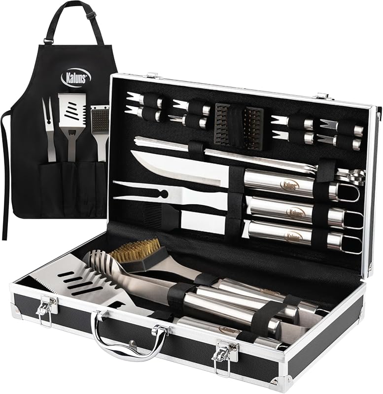 Kaluns Heavy Duty Stainless Steel BBQ Tool Set with Aluminum Case & Ap