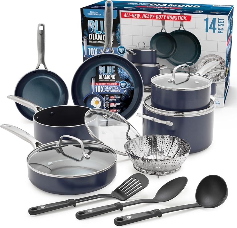 Blue Diamond 14-Piece Nonstick Cookware Set: Diamond Ceramic, PFAS-Fre
