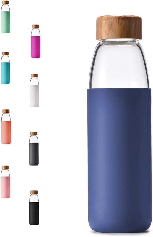 veegoal 18 oz Borosilicate Glass Water Bottle with Bamboo Lid, Silicon