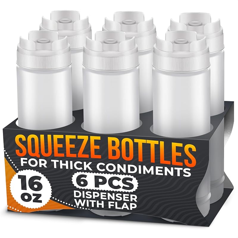 Set of 6 16 oz Inverted Condiment Squeeze Bottles, Self-Closing Valve