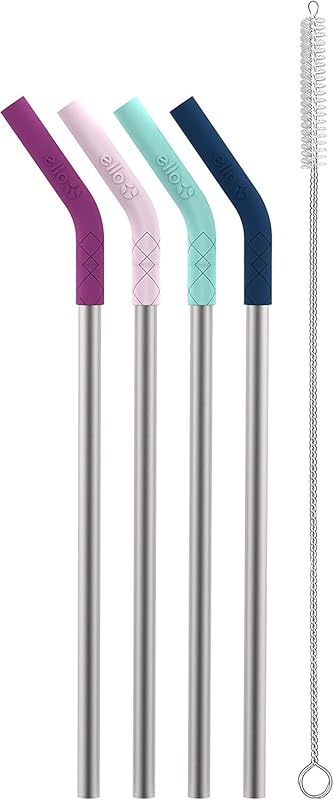 Ello Impact 4-Pack Reusable Stainless Steel Metal Straws with Silicone