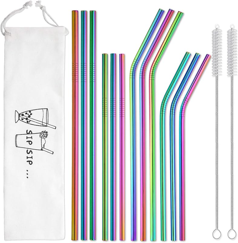 Hiware 12-Pack Reusable Rainbow Stainless Steel Straws, for 20/30oz Tu