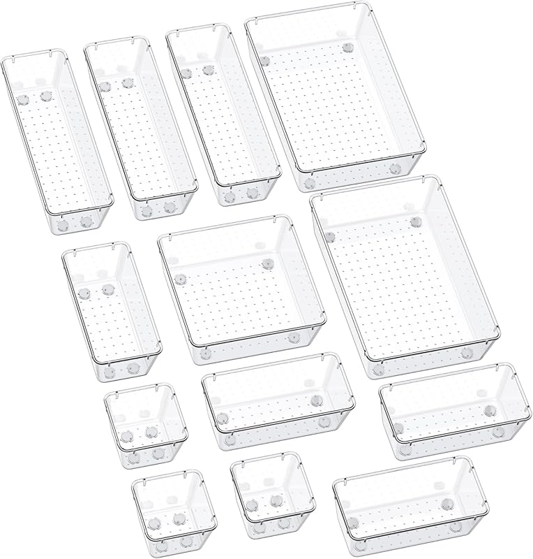 SMARTAKE 13-Piece Clear Drawer Organizers with Non-Slip Pads, 5-Size T