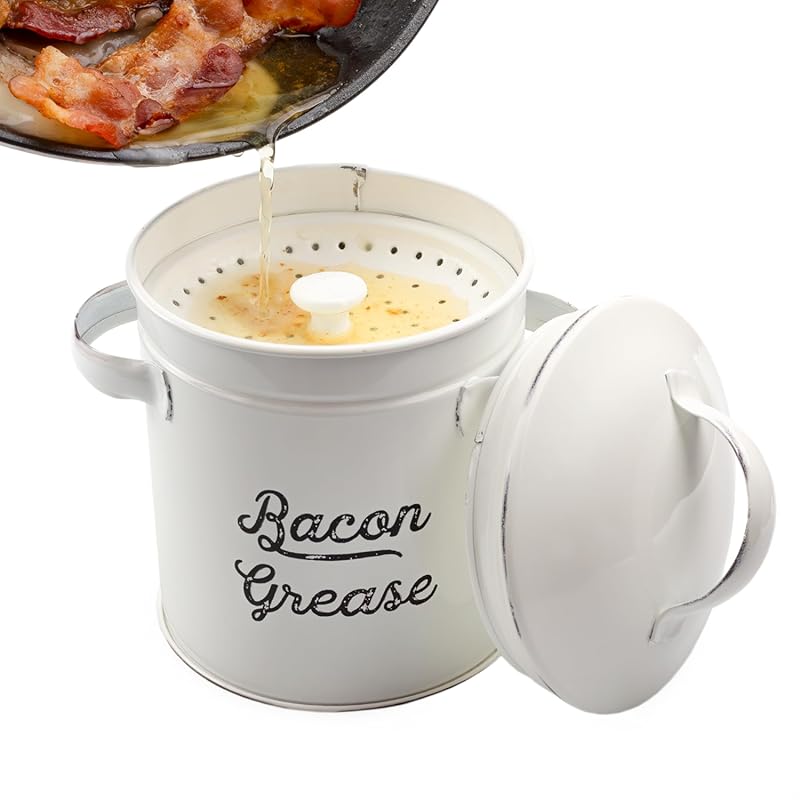 AuldHome Design White Enamelware Bacon Grease Container with Strainer,