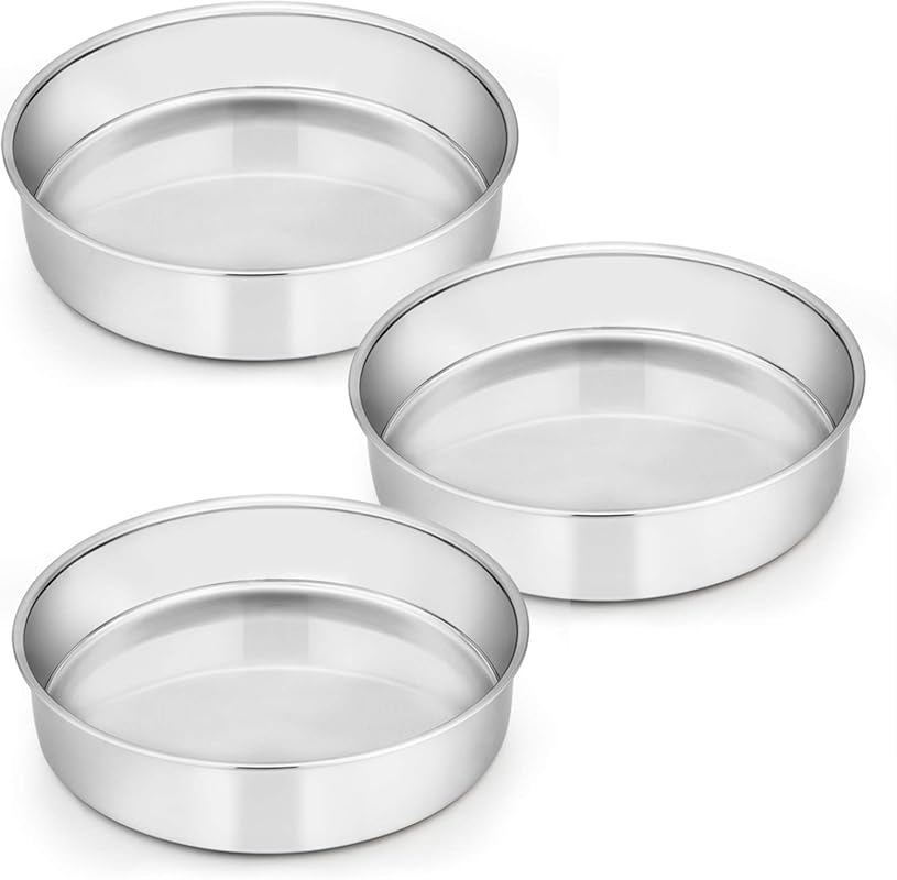 E-far 8 Inch Stainless Steel Round Cake Pan Set of 3, Dishwasher Safe 