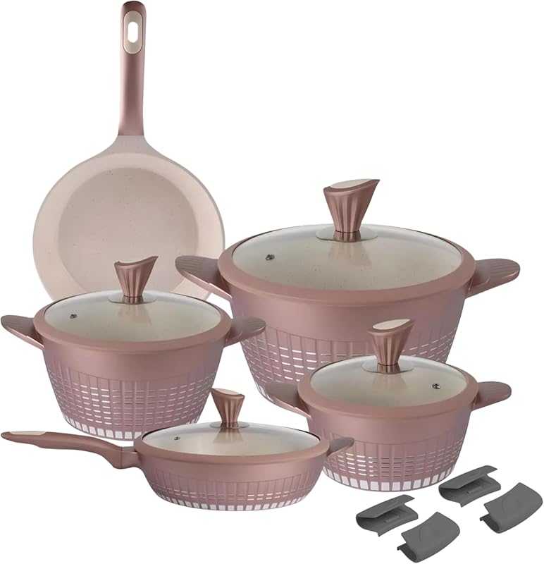 KOCHSTELLE 13-Piece Rose Gold Non-Stick Marble Cookware Set with Silic