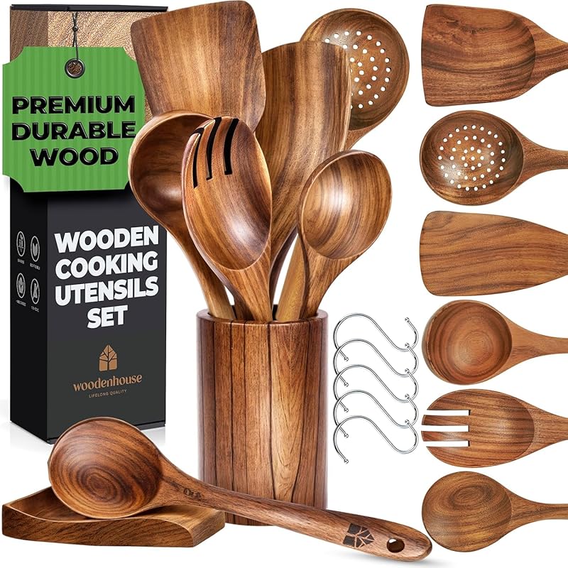8-Piece Natural Teak Wooden Cooking Utensils Set with Holder, Non-Scra