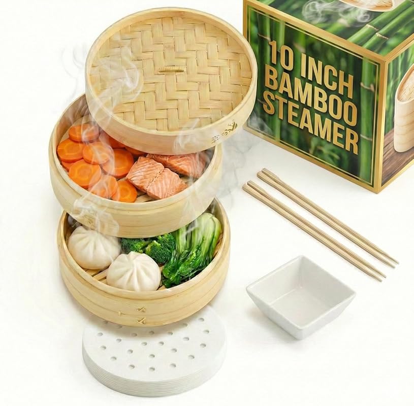 Prime Home Direct 10-Inch 2-Tier Bamboo Steamer Basket Kit with Liners