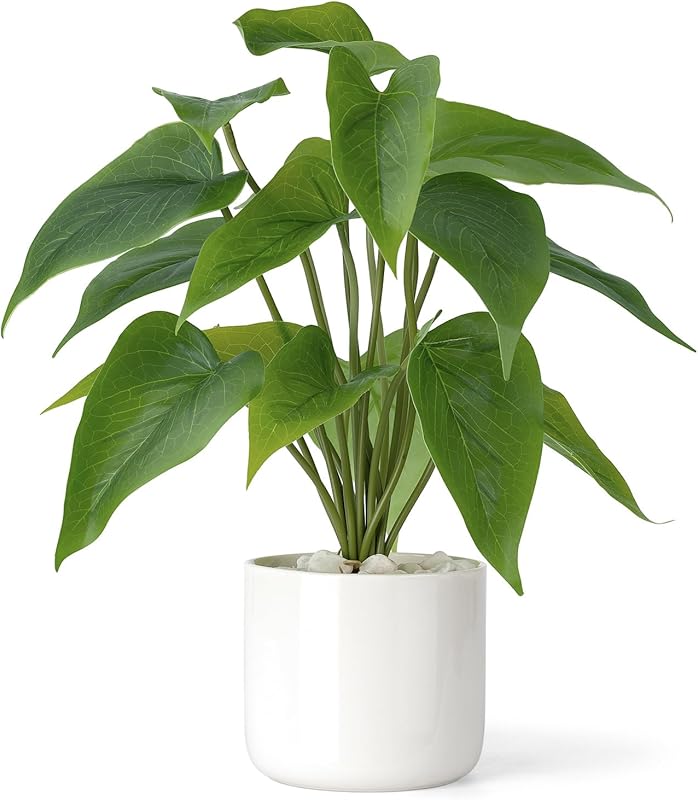 Mkono 11" Potted Artificial Pothos Plant, Faux Green Leaf in Modern Wh