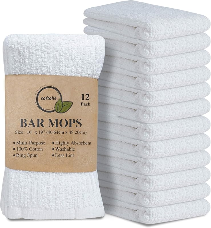 Softolle Bar Mop Towels - 12 Pack, 16x19 Inches, 100% Cotton Super Abs