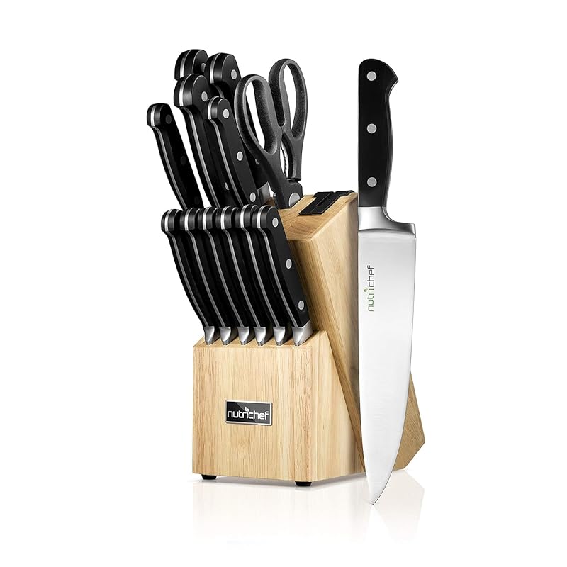 NutriChef NCKNS13 13-Piece Kitchen Knife Set with Wooden Block – Stain
