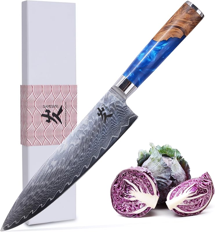 SAMCOOK 8-Inch Damascus Chef Gyuto, Japanese VG10 Stainless Steel, Blu