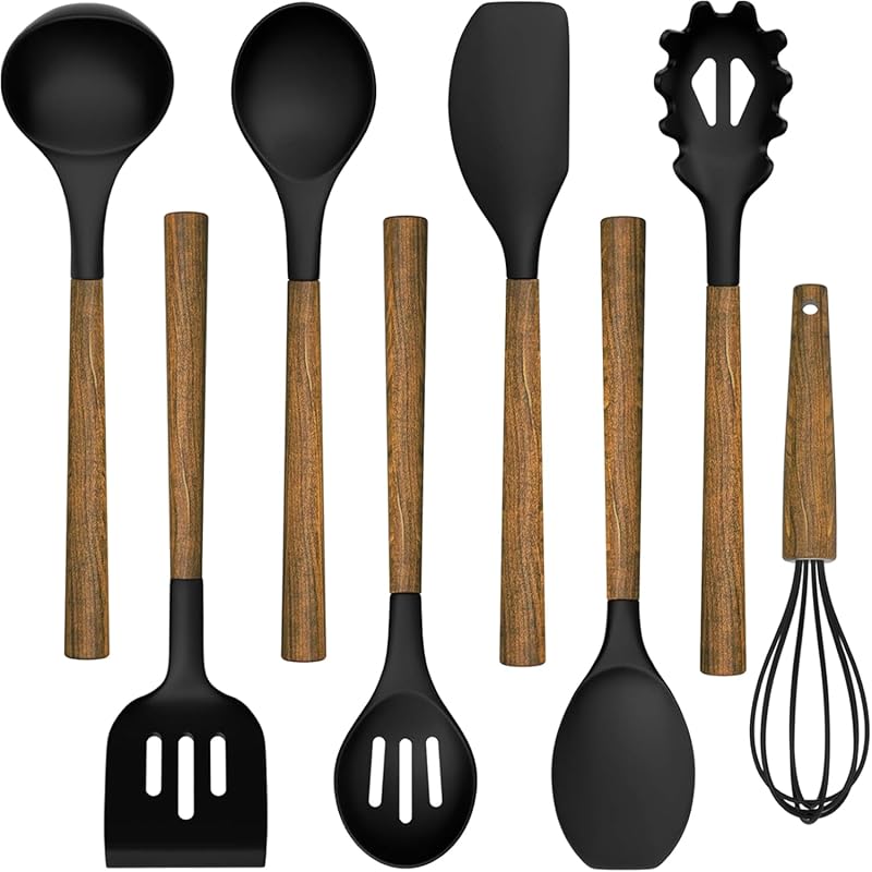 Umite Chef 8-Piece Silicone Cooking Utensil Set with Natural Acacia Wo