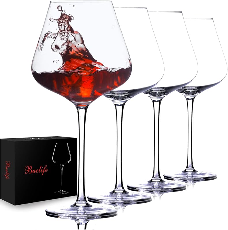 BACLIFE Hand-Blown 23oz Premium Crystal Red Wine Glasses, 4-Pack, Long