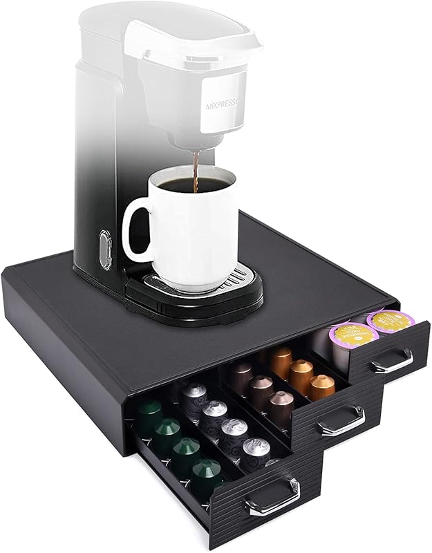 Black Coffee Pod Storage Drawer Organizer for 36 K-Cups or 48 Nespress