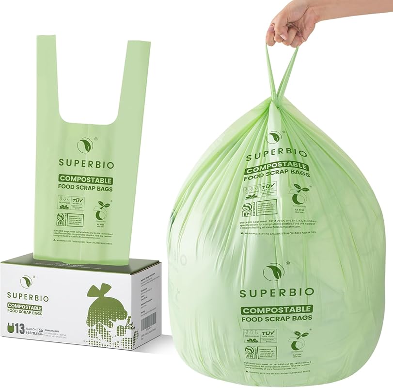 SUPERBIO 13 Gallon Compostable Kitchen Waste Bags with Handles, BPI Ce