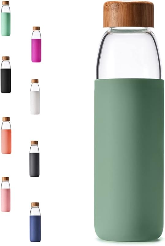 veegoal 25 oz Borosilicate Glass Water Bottle with Bamboo Lid, Silicon