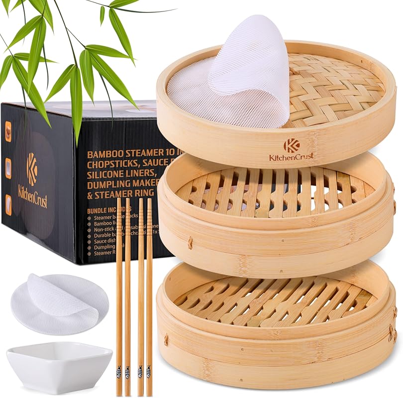 10-Inch 2-Tier Bamboo Steamer Basket Kit with Reusable Liners, Chopsti