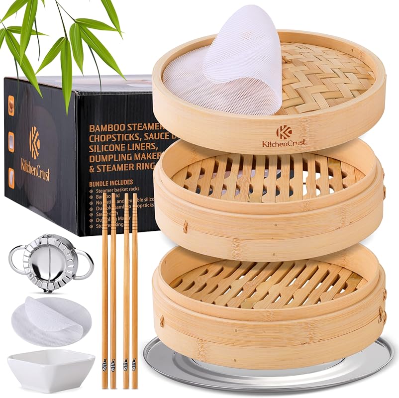 10-Inch 2-Tier Bamboo Steamer Basket with Liners, Chopsticks, Sauce Di