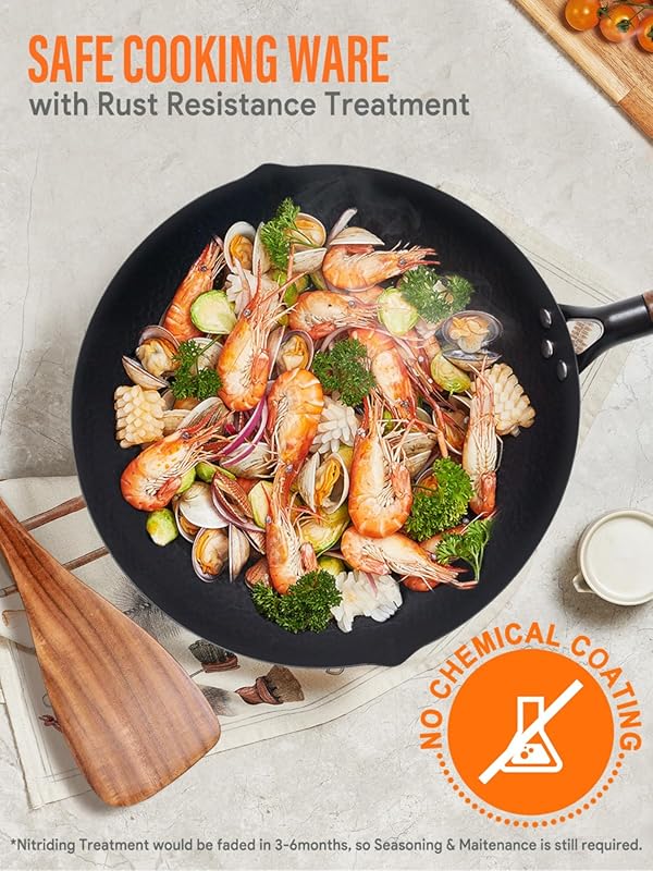 13-Inch Carbon Steel Wok 5-Piece Set: No Chemical Flat Bottom, Wooden 