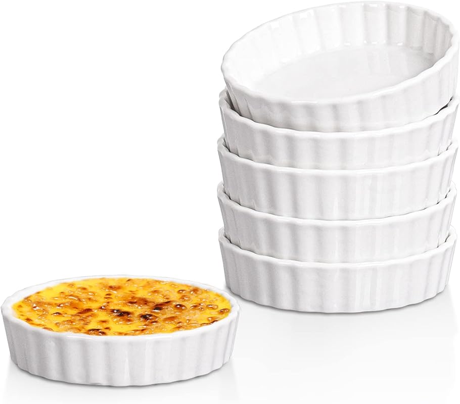 Delling 8 oz White Fluted Ramekins – Set of 6 Oven Safe for Creme Brul