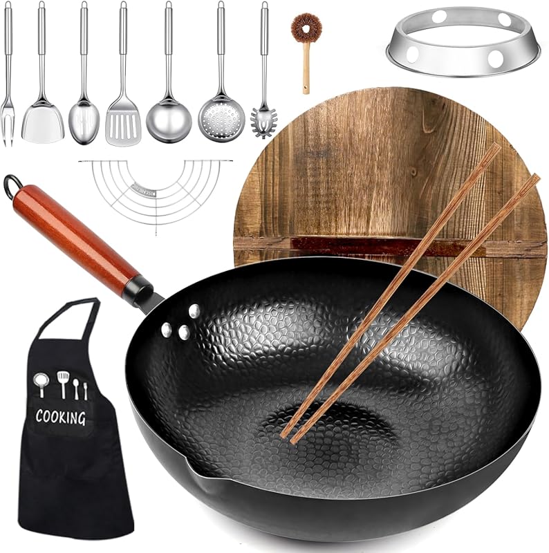12.6-Inch Carbon Steel Wok Pan Set, 14-Piece Flat Bottom Stir-Fry Pan