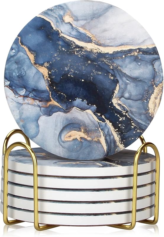 6 Pcs Navy Blue Marble Ceramic Drink Coasters with Holder, Absorbent R