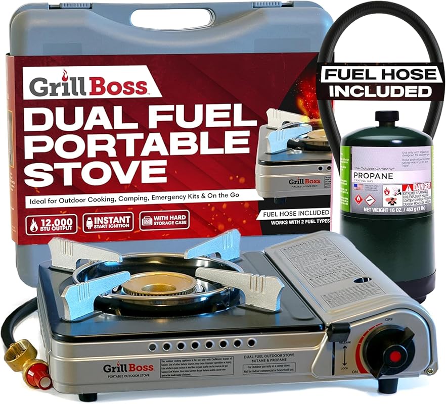 Grill Boss 90057 Dual Fuel Portable Camp Stove, 12,000 BTU Butane & Pr