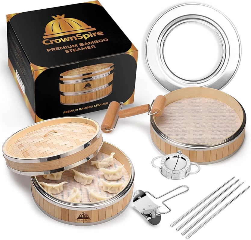 2-Tier Bamboo Steamer Basket Kit with Reusable Silicone Liner for Dim 