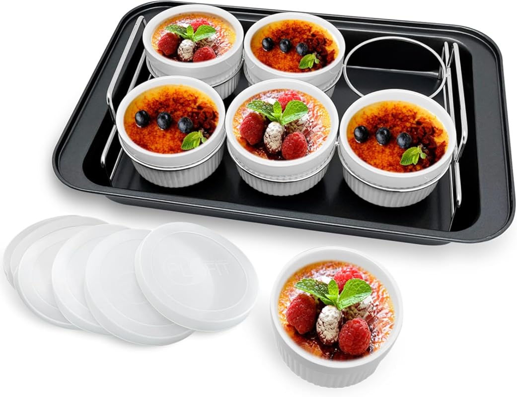Creme Brulee Set: 6 Porcelain Ramekins with Silicone Lids – Oven Safe 