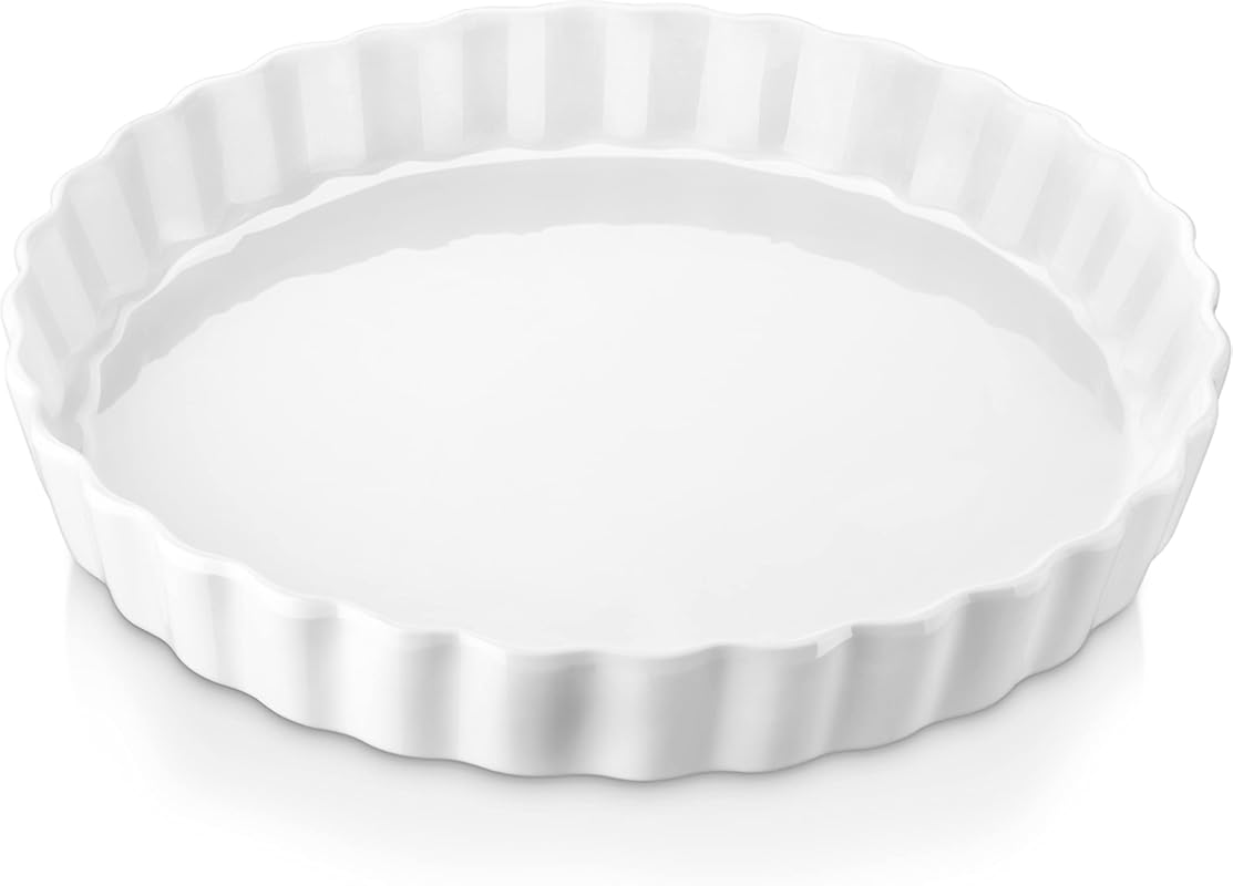 LOVECASA 10-inch Porcelain Quiche Baking Dish with Ruffled Edge, Non-S