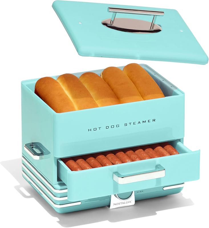 Nostalgia Extra Large Diner-Style Hot Dog Steamer, Aqua, 20-Dog & 6-Bu