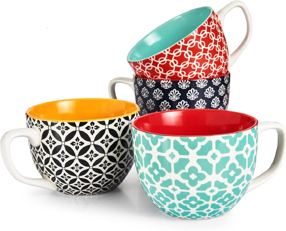 DOWAN Mosaian Large 24 oz Ceramic Soup Mugs, Set of 4 with Handles.