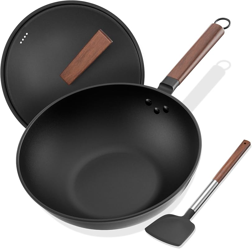 13-Inch Carbon Steel Wok: Pre-Seasoned Non-Stick Flat Bottom Pan with 
