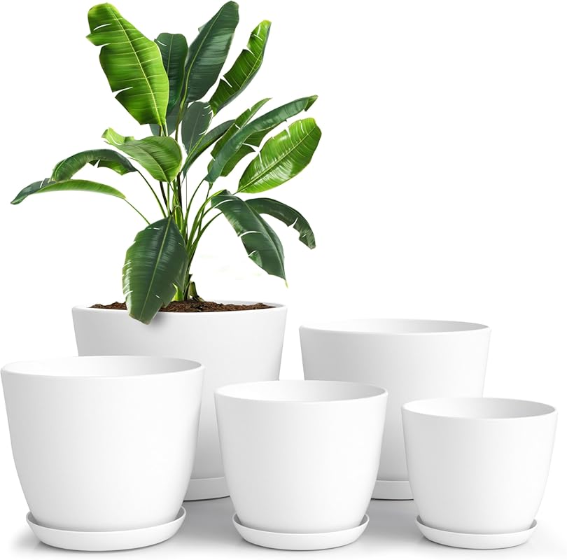 Utopia Home Set of 5 White Plastic Planters with Drainage Holes for Mo