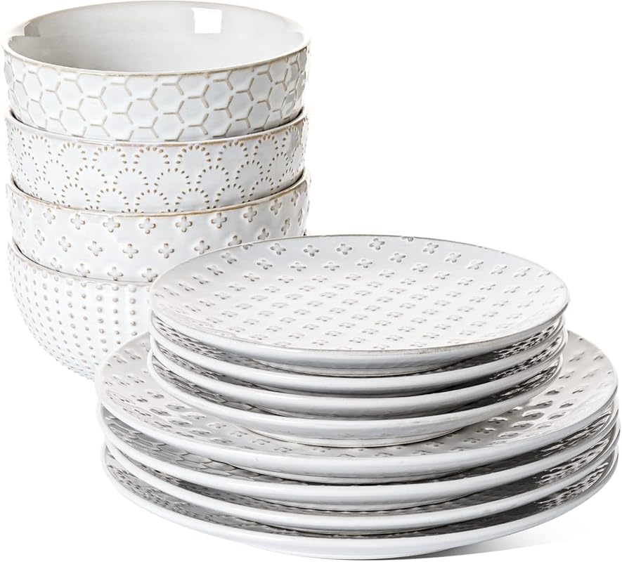 LE TAUCI 12-Piece Ceramic Plates & Bowls Set, Arctic White, Oven Safe